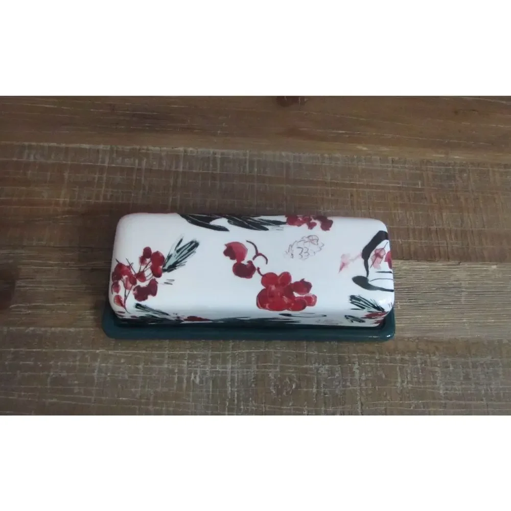Anthropologie Christmas Holly & Pear Butter Dish Retired Holiday Stoneware